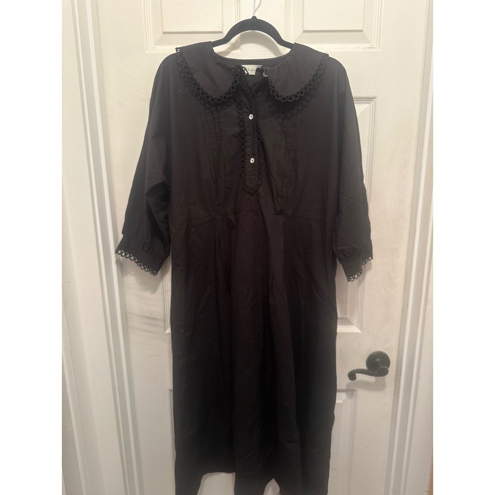 Skall Studio Ida Dress Black Organic Cotton Peter Pan Collar Eyelet Lace Midi S